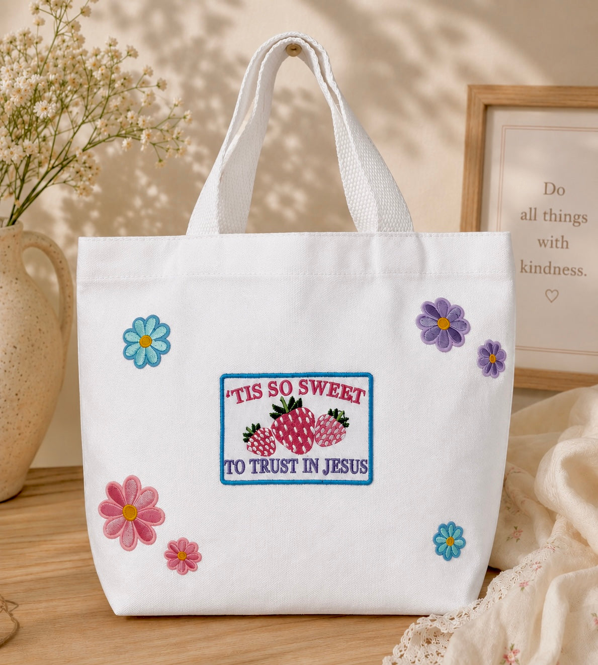Strawberry Floral 'Tis So Sweet To Trust In Jesus' Tote Bag