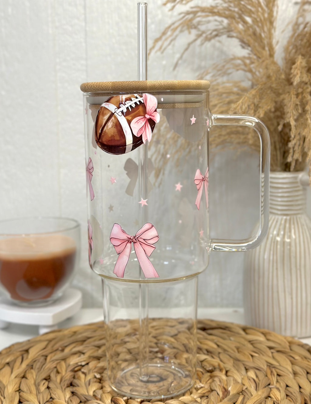 Pink Bows & Football Glass Cup