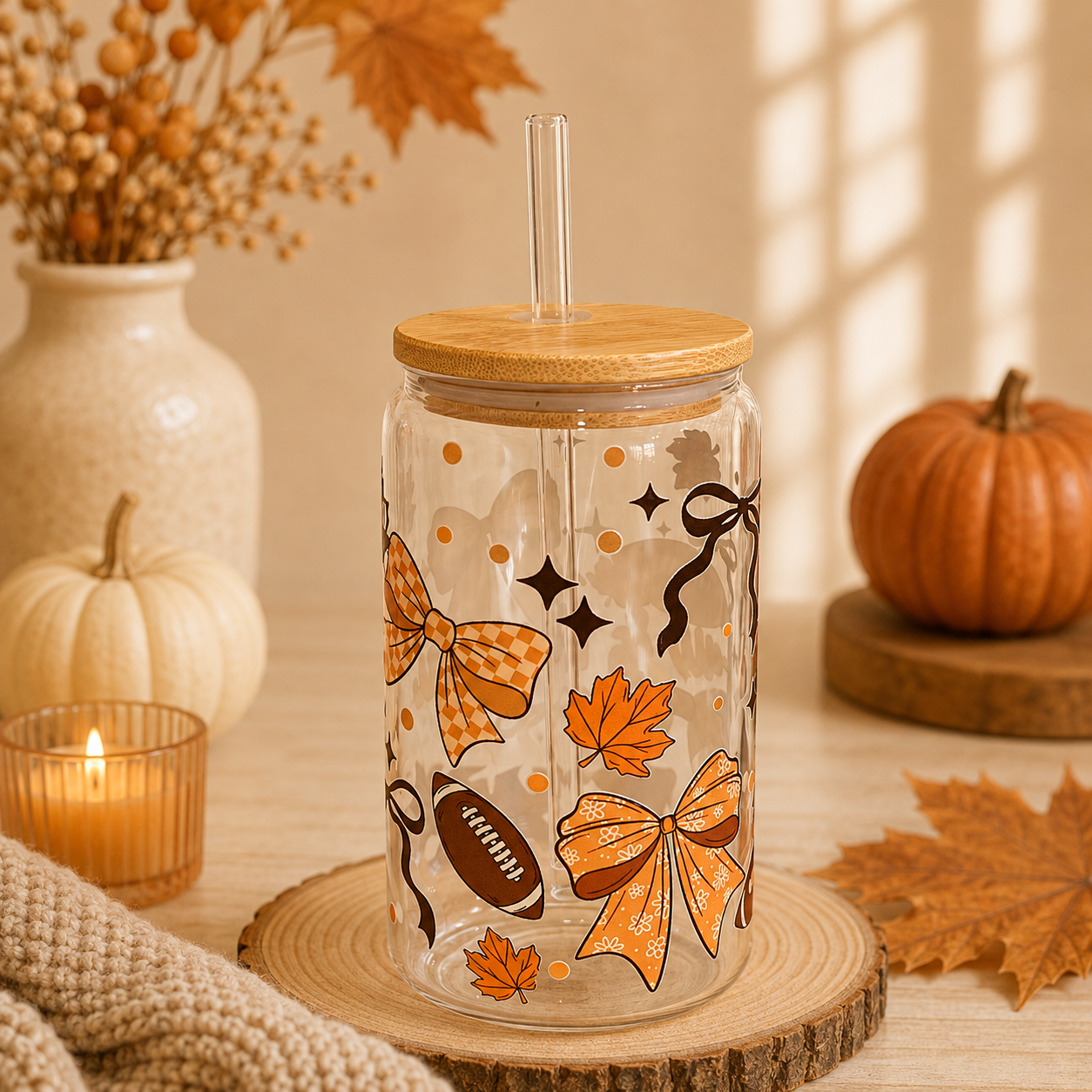 Fall & Football Glass Cup