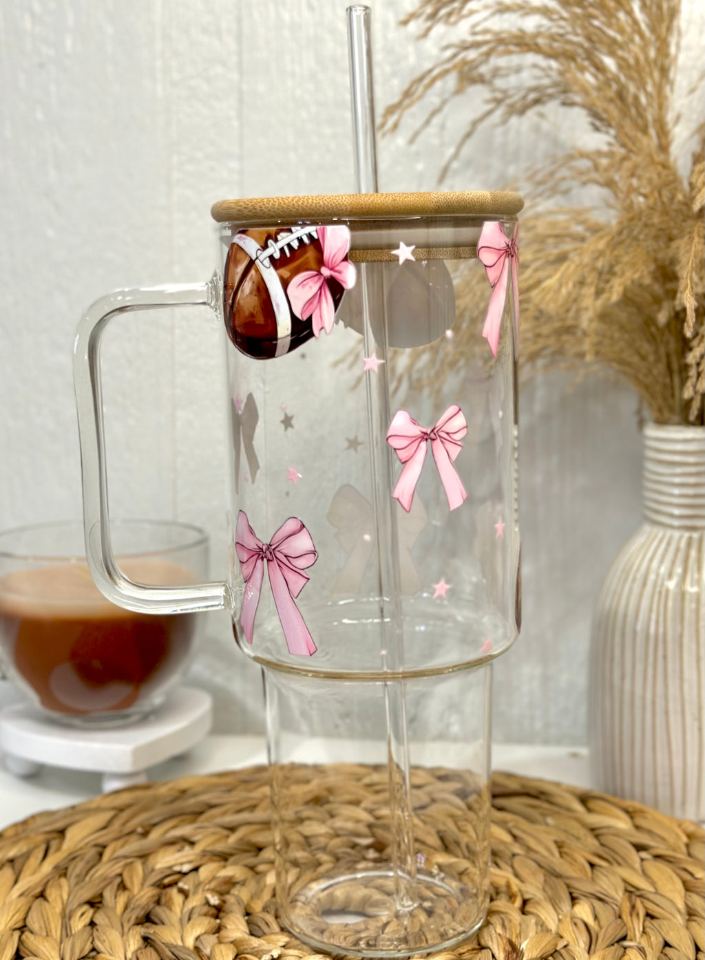 Pink Bows & Football Glass Cup