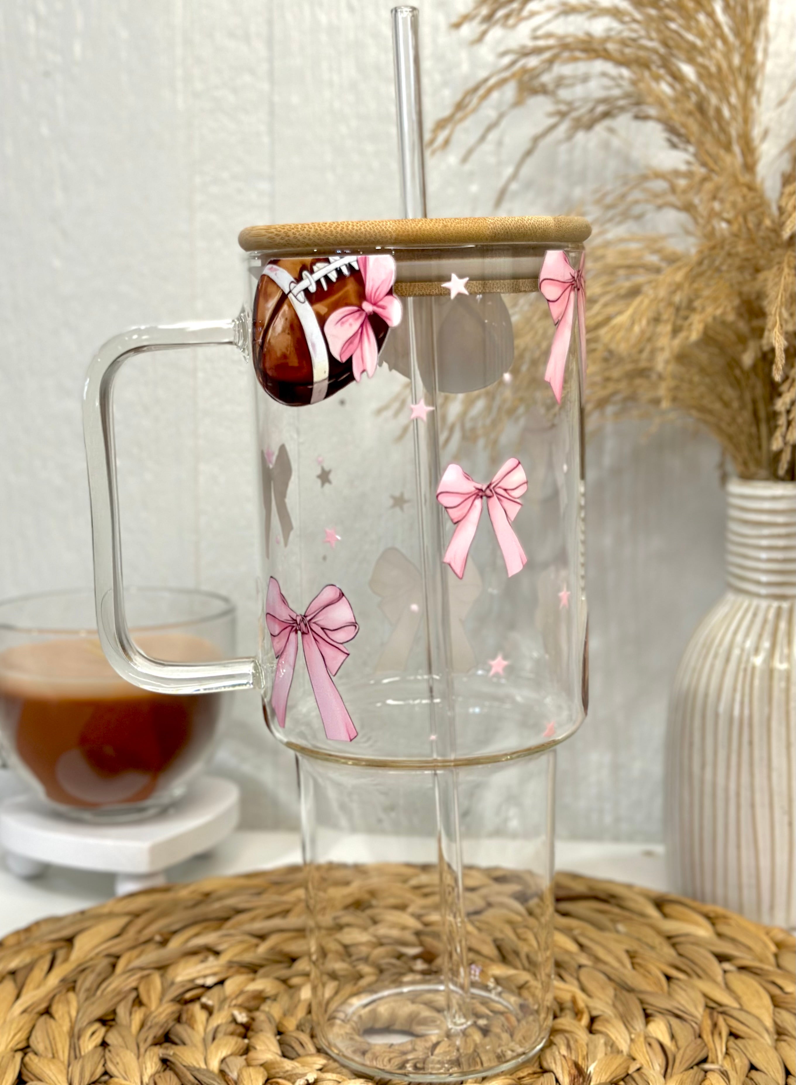 Pink Bows & Football Glass Cup