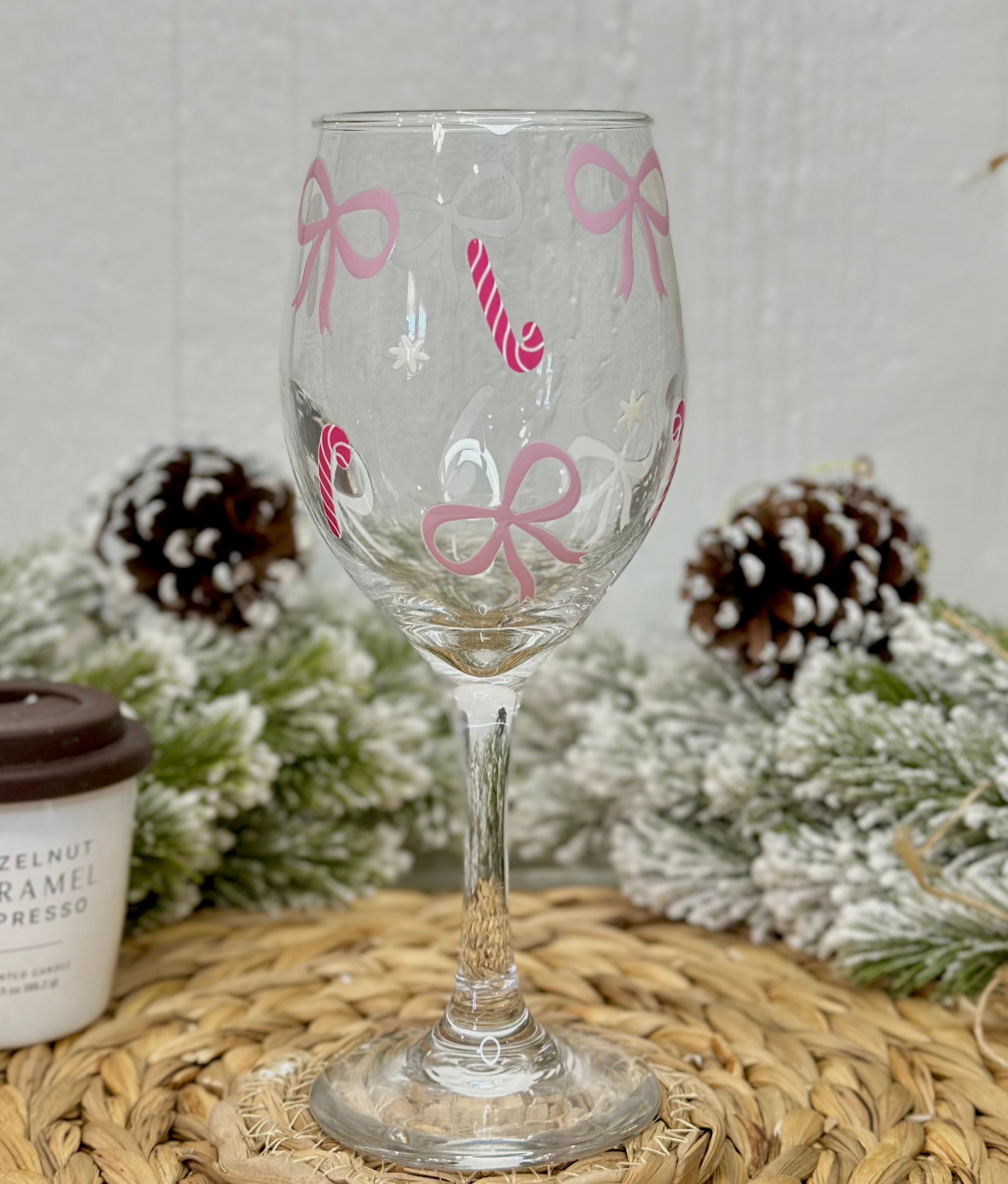 Pink Candy Canes & Bows Wine Glass