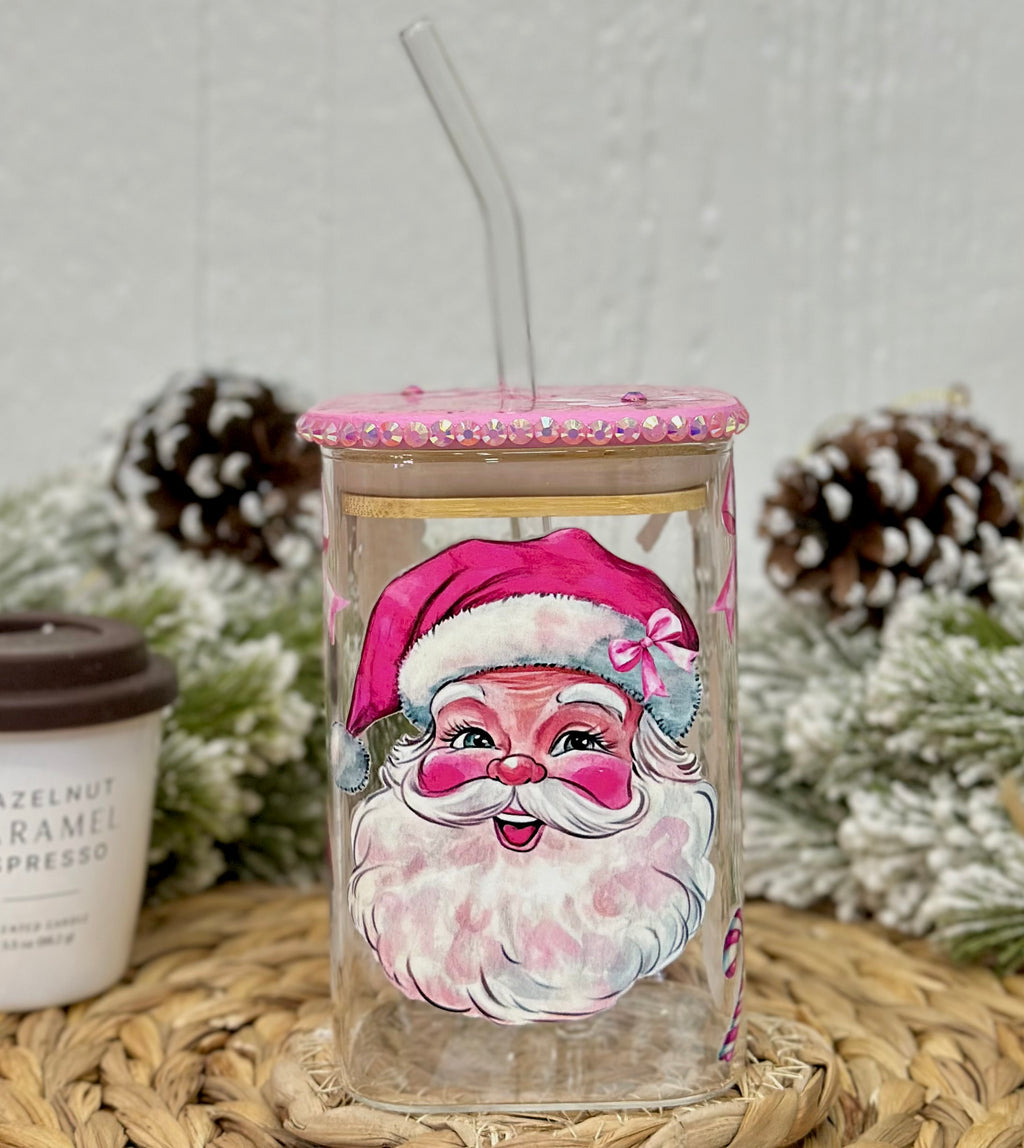Pink Santa Clause Christmas Glass Cup