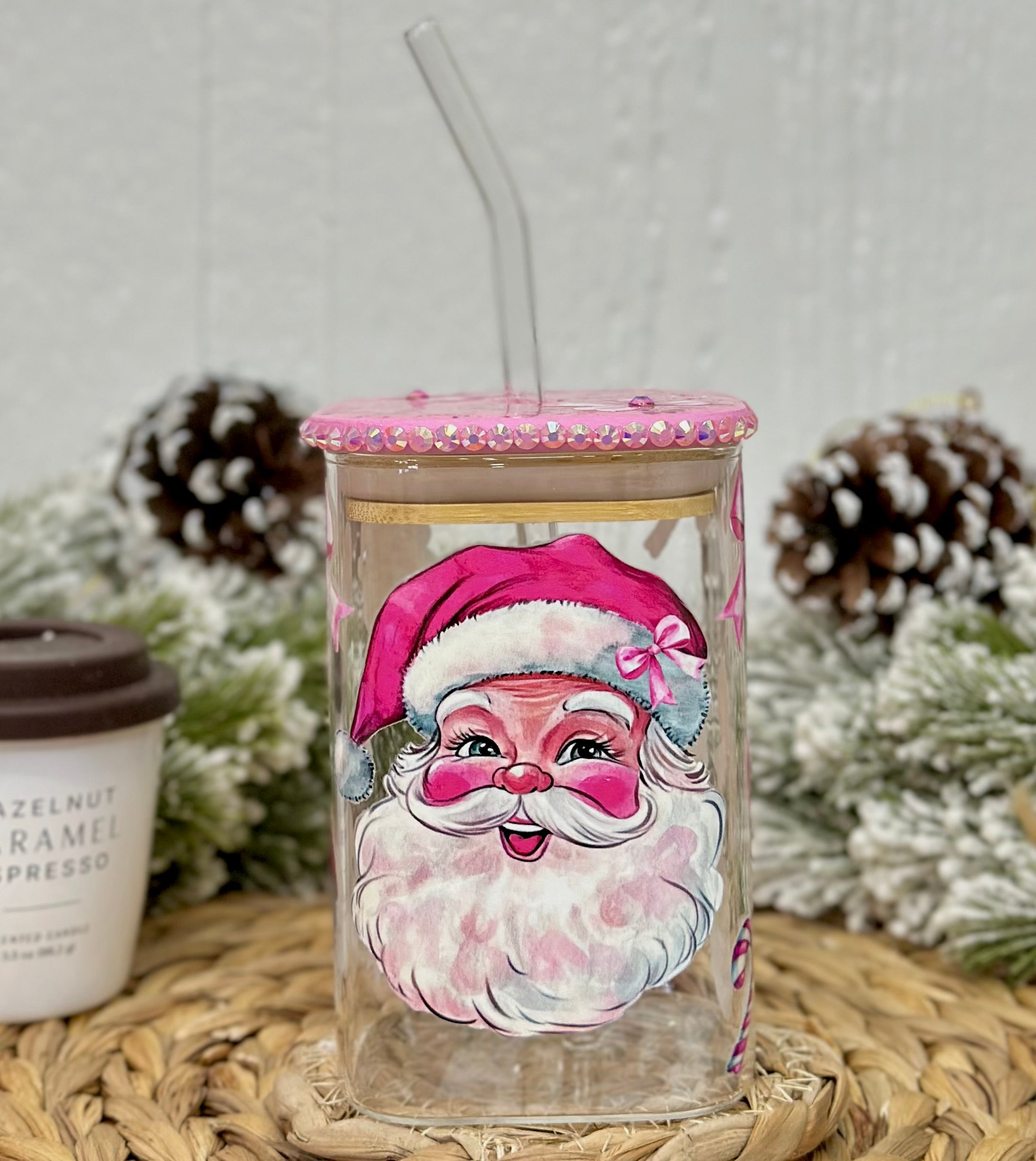 Pink Santa Clause Christmas Glass Cup