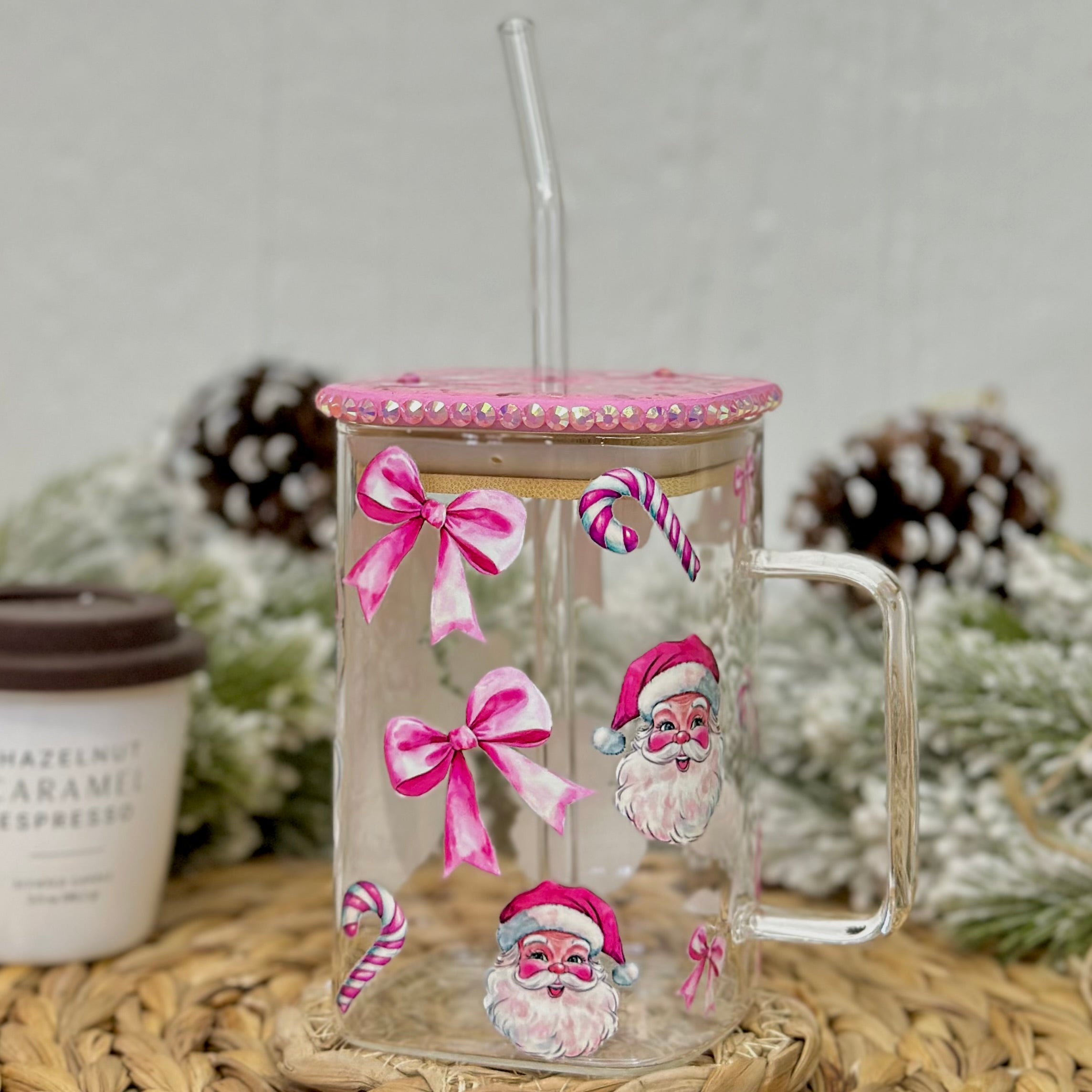 Pink Santa Clause Christmas Glass Cup